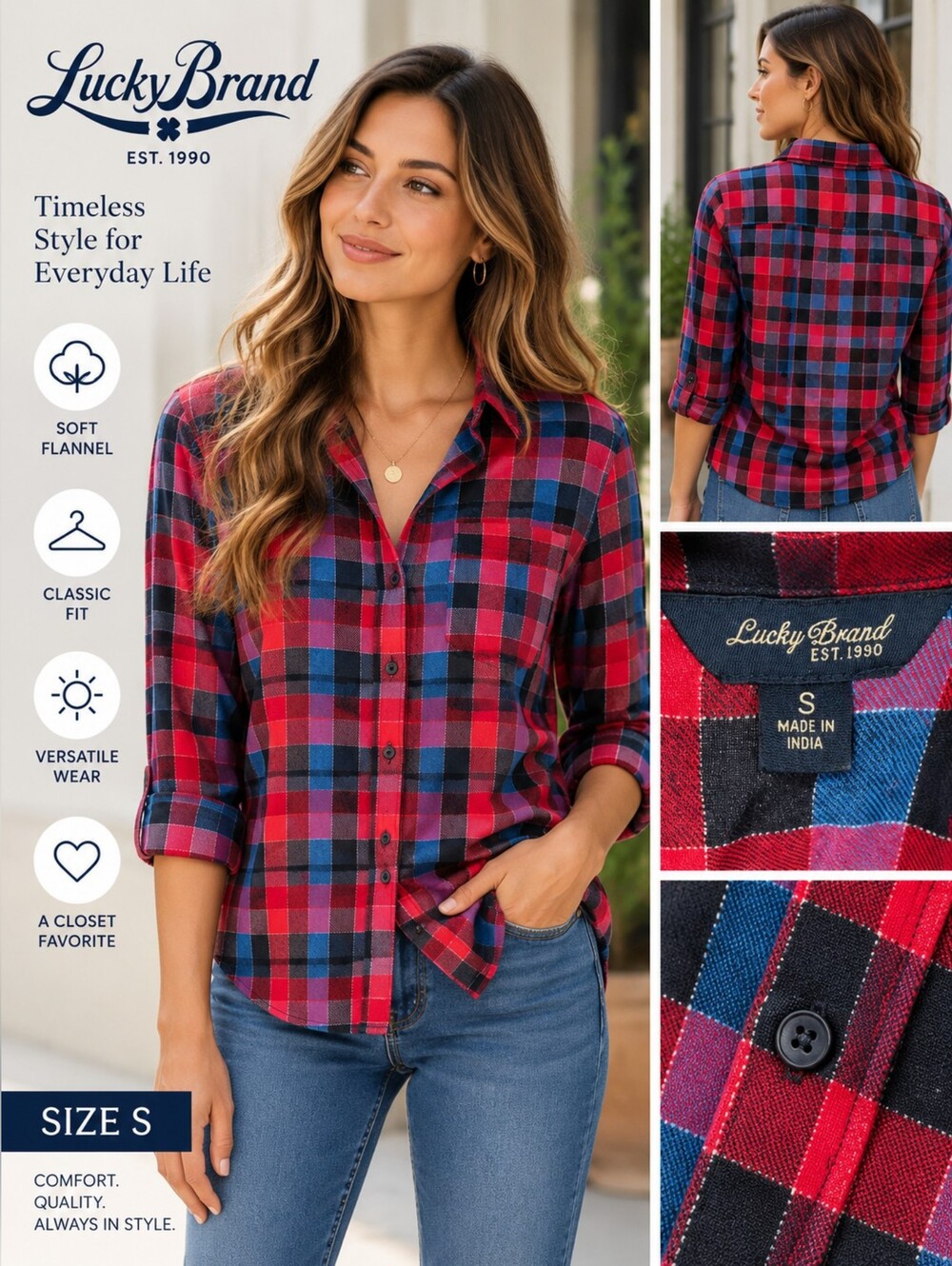 Lucky Brand Plaid Button Down Shirt Small Red Blue Relaxed Flannel